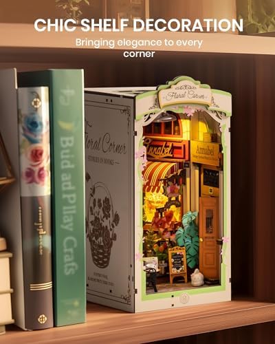Rolife DIY Book Nook Kits for Adults, Miniature Dollhouse Booknook Kit for Home Room Decor, 3D Wooden Puzzle with LED, Flower Corner Creative Bookends Bookshelf Diorama Insert - Image 3