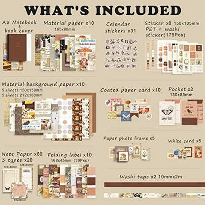 Draupnir Vintage Scrapbook Kit(346pcs), Bullet Junk Journal Kit with Journaling/Scrapbooking Supplies, Stationery, A6 Grid Notebook with Graph Ruled Pages, DIY Gift for Teen Girl Kid Women - Vintage - Image 2