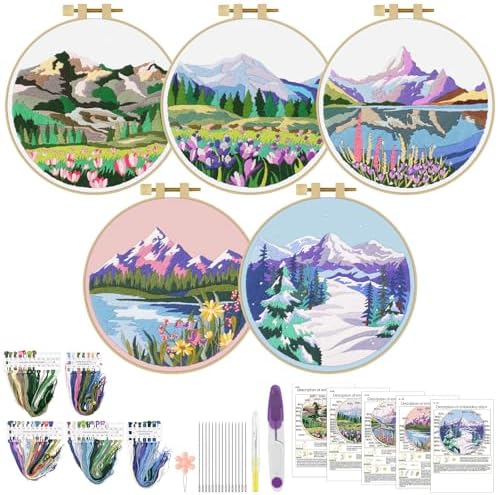 ERKOON Embroidery Kit for Beginners, 5 Sets Flower Cross Stitch Set for Adults Include Embroidery Cloth Hoops Threads for Craft Lover Hand Stitch with Skill Techniques (Landscape) by ERKOON