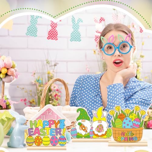 Yuntau 24 Pcs Color Your Own Easter Crafts Bunny Egg DIY Wooden Tabletop Signs Happy Easter Craft Kits Centerpiece Art Signs Table Decorations for Spring Home Activities Gifts Party Favors - Image 5