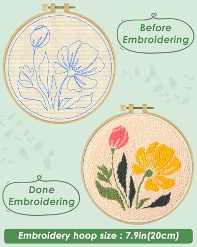 ERKOON Punch Needle Kit Adults Beginners, DIY Easy Floral Embroidery Set for Starter Art Craft, Needling Punch Project with Patterns, Tools, Yarns, Hoop, Instruction (Rhubarb Flowers) - Image 3