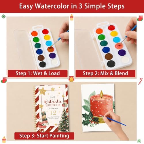 Christmas Gift, Christmas Watercolor Workbook, 12 Different Xmas Patterns Original DIY Designs, Water Coloring Book Set with Palette and Brush, Xmas Watercolor Book Gift for Beginners Girls Boys - Image 3