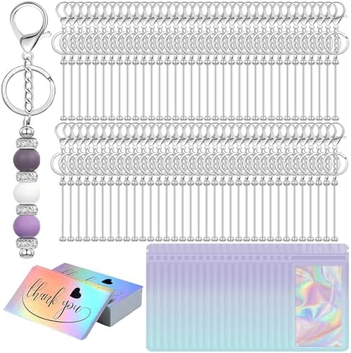 42/84/126 Pcs Beadable Keychain Bars Bulk Blank DIY Beaded Keychain Making Supplies with Bag Thank You Card by Unknown