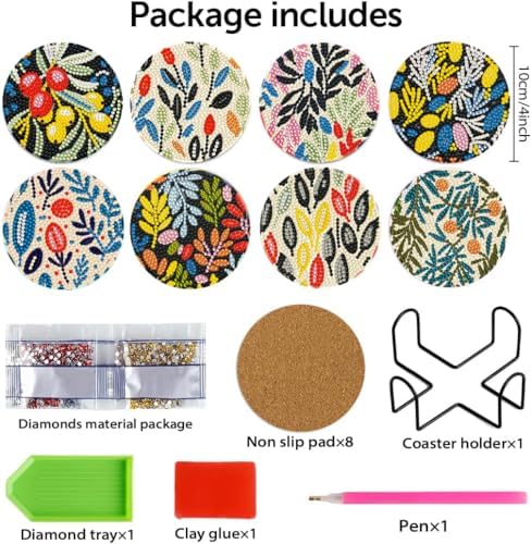 DOTZSO 8PCS Flower Diamond Art Painting Coaster Kit w/Cork Pad Holder 4" x4 - Image 2