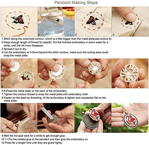 ZOCONE 6 Packs Embroidery Necklace Kit, Embroidery Pendant Kit Mini Cross Stitch Kit with 4 Hoops, Necklace, Pendant, Stamped Pattern Cloth, Instructions, etc., Embroidery Kit for Adults - Image 7