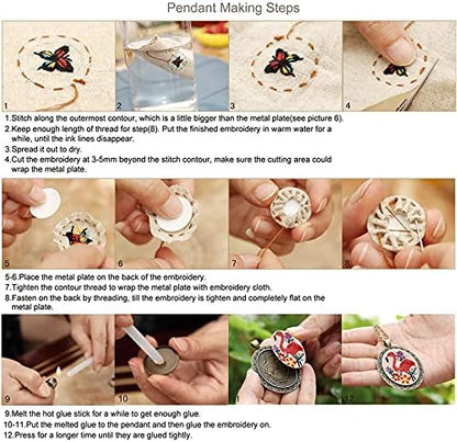 ZOCONE 6 Packs Embroidery Necklace Kit, Embroidery Pendant Kit Mini Cross Stitch Kit with 4 Hoops, Necklace, Pendant, Stamped Pattern Cloth, Instructions, etc., Embroidery Kit for Adults - Image 7