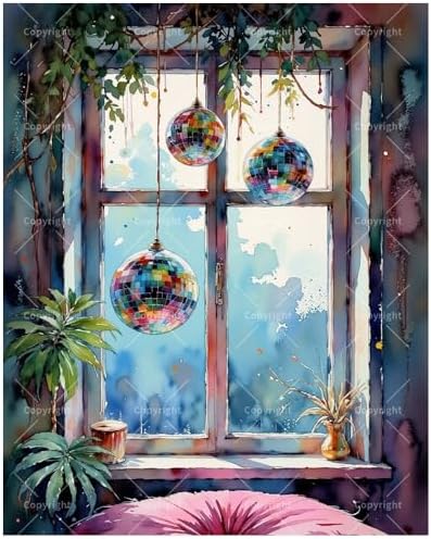 Colorful Disco Balls Paint by Numbers Kit for Adults - DIY Window Hanging Mirror Balls Painting on Canvas 12x16In, Framed Acrylic Paint Set, Suitable for Beginners, Art for Decoration or Gifts by Unknown