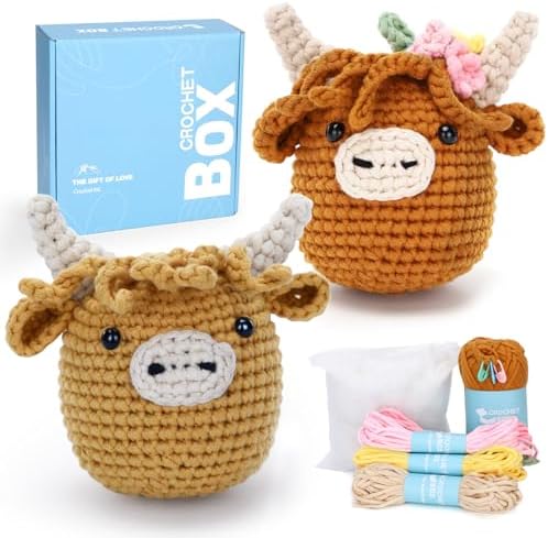 CrochetBox 2 PCS Highland Cow Crochet Kit, Brown Cow Set for Beginners by CROCHETBOX