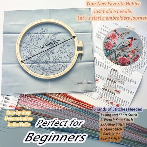 FONNUY Embroidery Kit for Beginners, Hummingbird Flowers Pre-Stamped Pattern Kits for Adults with Hoop, Easy to Follow Color Thread Needlework, 8''Hoop (Blue) - Image 5