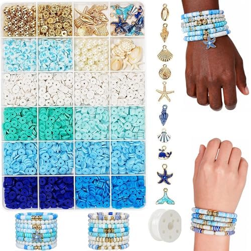 Ocean Theme Clay Beads Kit for Bracelet Making, 3000Pcs Blue White Polymer Heishi Beads Set with Starfish Shell Charms Pearls, DIY Jewelry Making Kit for Summer Beach Crafts by Unknown