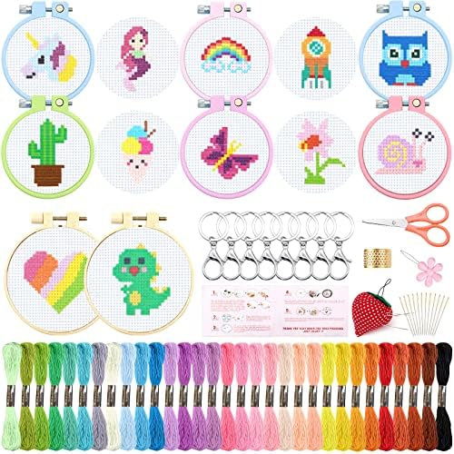 ZOCONE 12 PCS Cross Stitch Kits for Kids 7-13, Beginner Kits with Instructions, Keychains, Embroidery Hoops and Tools, Backpack Charms, Cross Stitch Ornaments by ZOCONE