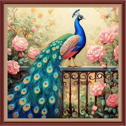 Dooxvey Cross Stitch Kits for Adults Beginners,Full Range of Cross-Stitch Stamped Kits Needlepoint Kits for Beginners Embroidery Kits 11CT Cross Stitch Patterns-Flower Blue Peacock 18x18 inch by DooxveyStampedEmbroideryKit