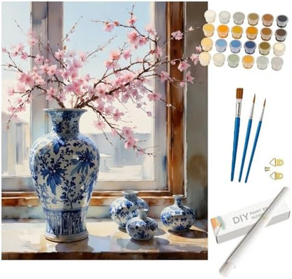 Cherry Blossom Vase Paint by Numbers Kit for Adults - DIY Blue Porcelain with Pink Flowers Painting on Rolled Canvas 16x20In, Acrylic Paint Set for Beginners, Art for Home Decoration or Gifts by Unknown