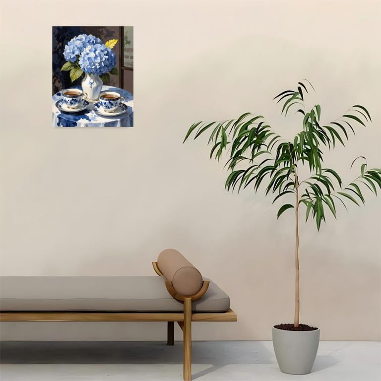 Floral Paint By Numbers Kit For Adults - Diy Blue Hydrangea Tea Cups Painting On Canvas 16X20 In, Acrylic Paint Set, Suitable For Beginners, Wall Art Decor Art For Home Decoration Or Gifts, Unframed - Image 4