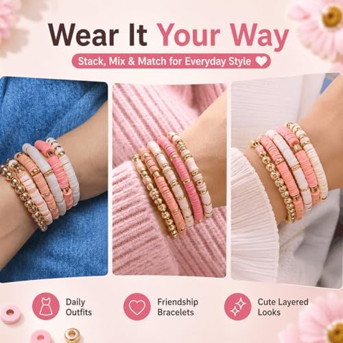 Believo Polymer Clay Beads Kit for DIY Jewelry with Elastic Cord, Colorful Flat Heishi Beads and Spacer Pieces – Ideal for Friendship Bracelet & Necklace Making (Pink) - Image 6