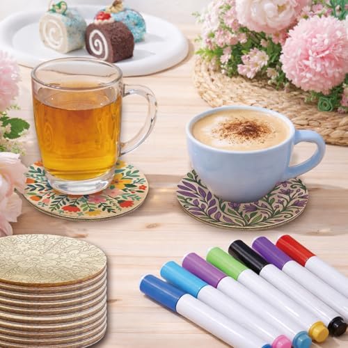 26PCS Wood Coasters Craft Kit 10 Paint You Own Coaster with 16 Markers Wooden Coasters Painting Set for Adults and Beginners DIY Coaster Kit Flower Painting Crafts Art Supplies(Flower) - Image 4