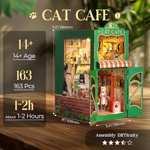 Book Nook Kit,DIY Miniature House Kit for Adults, Teens and Beginners, Dollhouse Booknook Cat Cafe Tiny House Bookshelf Decor 3D Wooden Puzzle, Gifts for Family, Friends - Image 4