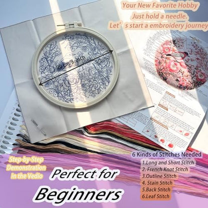FONNUY Embroidery Kit for Beginners, Hummingbird Flowers Pre-Stamped Pattern Kits for Adults with Hoop, Easy to Follow Color Thread Needlework, 8''Hoop (Pink) - Image 5