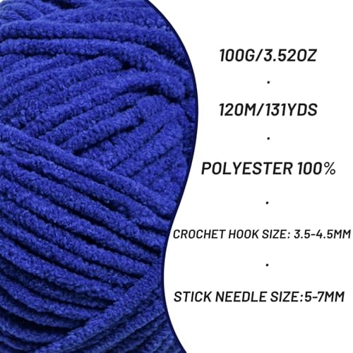 Plush Chenille Chunky Crochet Yarn - Baby Yarn for Crocheting Soft - Velvet Yarns Knitting for Blankets Crafts - Fluffy Amigurumi Yarns 100g / 131yd (Sapphire Blue) - Image 2