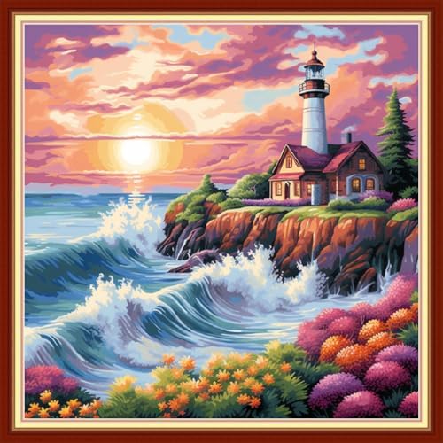 Joyhoor Stamped Cross Stitch Kits for Beginners, Needlepoint Kits for Adults, 11CT Counted Embroidery Kits-Seaside Lighthouse 18x18 inchs by JoyhoorCrossStitchKits