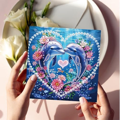 jinglinhh 6pcs Dolphin Couple Flowers Diamond Art Painting Greeting Cards with Envelopes, DIY Card Making Kits for Adults, Diamond Art Postcards Christmas Cards Craft Gifts - Image 6