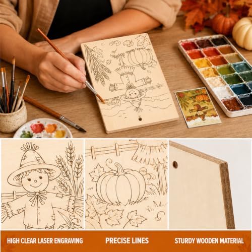 15 Pcs Unfinished Wood Crafts to Paint for Adults, 5.9x4.7 Inch Fall Paintable Wood Slices Craft Supplies with Ropes, Bulk Predrilled Wooden Ornaments for DIY Painting Craft Decor - Image 4