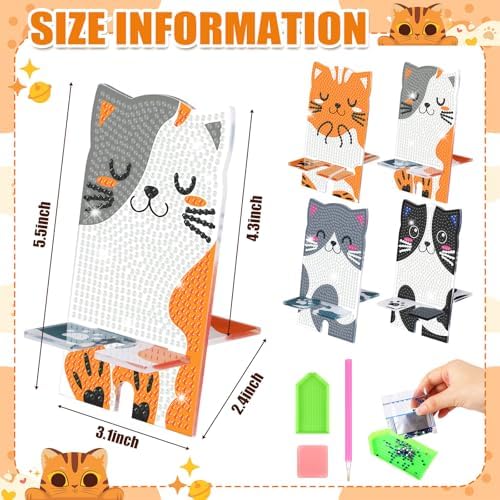 Saillong 4 Pcs Cat Diamond Art Phone Stand, 5.5" Full Drill Holder - Image 4
