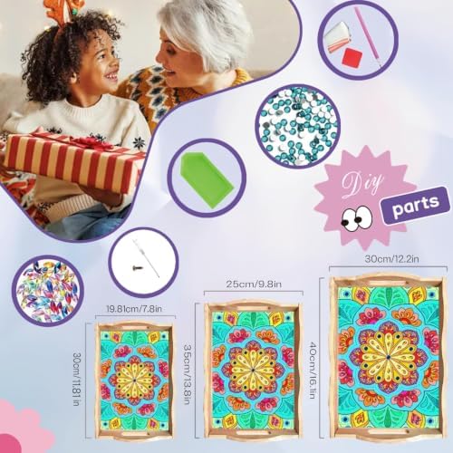 EWJRNSF Diamond Art Kits for Adults Wooden Serving Trays with Handles, 5D Diamond Painting Big Gem Arts and Craft Gifts Trays Decor Gift Home Decor 7.8x11.8 Inches Mandala F - Image 2