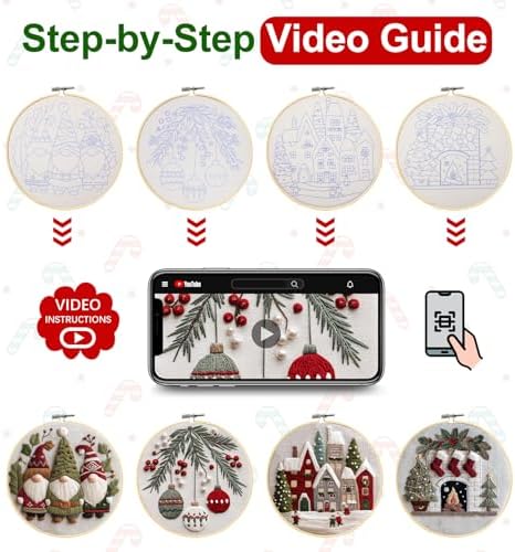 Santune Christmas Embroidery kit,Fall Needlepoint Cross Stitch Kits for Beginners Adult,Needle Point Sets,4 Embroidery,2 Hoops,Christmas Ornaments - Image 5