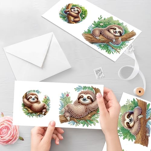 antor 6-Pack Sloth Diamond Art Greeting Cards – DIY 5D Diamond Painting Greeting Card Kits for Adults with Envelopes, Relaxing Rhinestone Card Kit Featuring Cute Hanging Sloths on Tree Branches - Image 6