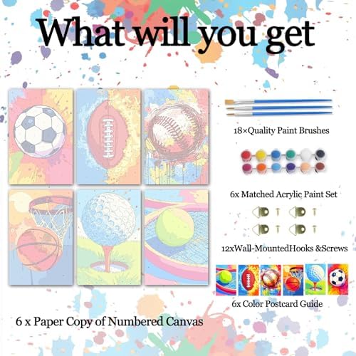6 Pack Sports Paint by Numbers Kit for Adults Beginners 8x12 Inch, Basketball Football Paint by Number Kits on Canvas, Colorful DIY Acrylic Oil Number Painting Kits for Adults, Home Decor Gift - Image 4