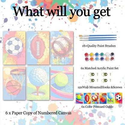 6 Pack Sports Paint by Numbers Kit for Adults Beginners 8x12 Inch, Basketball Football Paint by Number Kits on Canvas, Colorful DIY Acrylic Oil Number Painting Kits for Adults, Home Decor Gift - Image 4