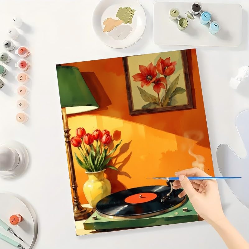 Vintage Vibes Paint by Numbers Kit for Adults - DIY Retro Vinyl Records and Red Tulips Painting on Canvas 16x20In, Acrylic Paint Set, Suitable for Beginners, Classic Art for Decoration/Gifts - Image 3