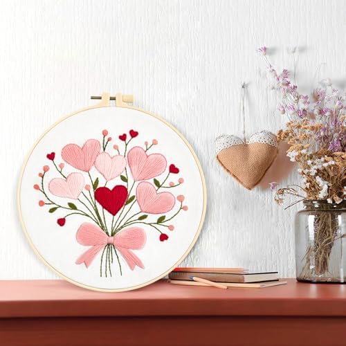 Heart Flower Embroidery Kits for Beginners Adults, Pink Embroidery Starter Kits, Counted Cross Stitch Kits for Adults Anniversary Valentine's Day Gift, Embroidery Hoops, Fabric Thread & Video Tutorial - Image 5