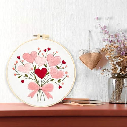 Heart Flower Embroidery Kits for Beginners Adults, Pink Embroidery Starter Kits, Counted Cross Stitch Kits for Adults Anniversary Valentine's Day Gift, Embroidery Hoops, Fabric Thread & Video Tutorial - Image 5