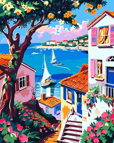 ZTOTZ Paint by Numbers kit for Adults Village, Paint by Number Canvas with Pink Flower, Italy Paint by Color for Adults for Christams Home Decor (16x20inch) by ZTOTZ