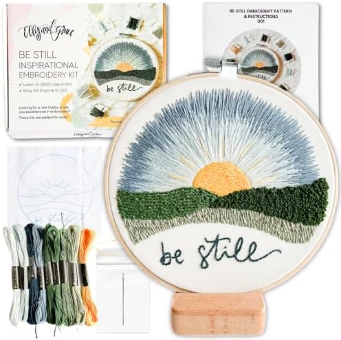 Elly & Grace Christian Embroidery Kit with Embroidery Hoop, Easy Embroidery Kit for Beginners and Adults, Full Embroidery Hoop Kit with Needles and Thread Included (Be Still) by Elly+and+Grace