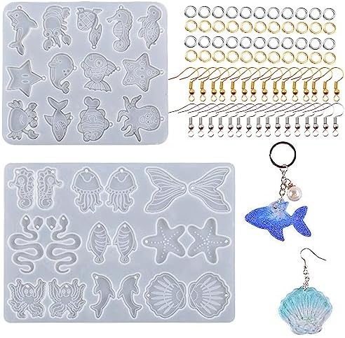 Attuslla 2 PCS Resin Earring Molds Ocean Series Pendant Resin Molds Silicone Jewelry Silicone Resin Molds Making Kits with Ear Hooks, Jump Rings for DIY Earrings, Necklace, Pendant Supplies by Attuslla