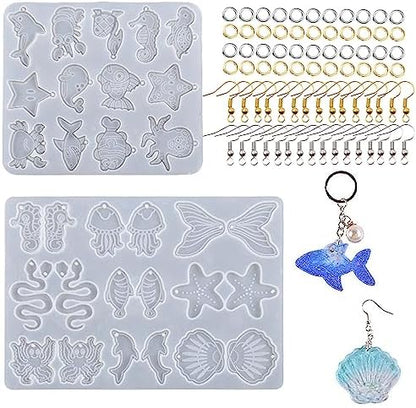 Attuslla 2 PCS Resin Earring Molds Ocean Series Pendant Resin Molds Silicone Jewelry Silicone Resin Molds Making Kits with Ear Hooks, Jump Rings for DIY Earrings, Necklace, Pendant Supplies by Attuslla