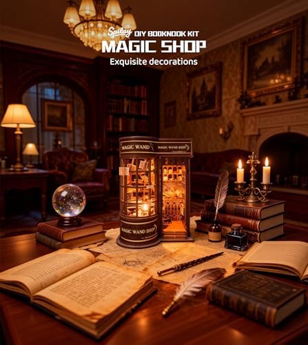 Spilay DIY Miniature Book Nook Kit, Dollhouse Tiny House Model Build Bookshelf Decor, Bookends Model Kit with dust Cover & LED for Teens and Adults Gifts(Magic Shop) - Image 4