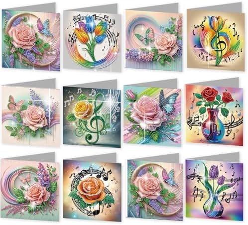 jinglinhh 12pcs Diamond Art Painting Romantic Rose Tulip Flower Bouquet Musical Notes Greeting Cards with Envelopes, DIY Card Making Kits for Adults, Diamond Art Postcards Christmas Cards Craft Gifts by Unknown