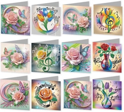 jinglinhh 12pcs Diamond Art Painting Romantic Rose Tulip Flower Bouquet Musical Notes Greeting Cards with Envelopes, DIY Card Making Kits for Adults, Diamond Art Postcards Christmas Cards Craft Gifts by Unknown