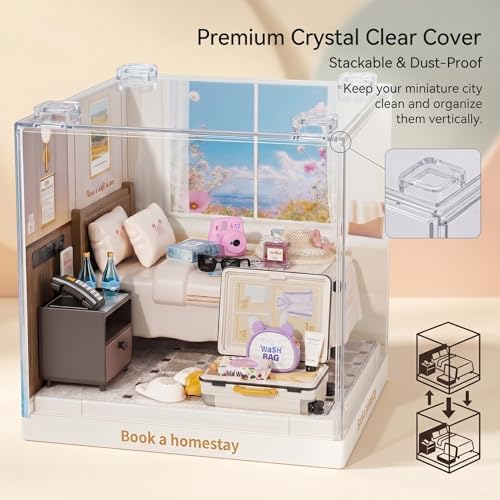 Cozy Hotel Room Miniature House Kit, Plastic DIY Dollhouse with Double Bed & Open Suitcase, Stackable Transparent Dust Cover, Creative Desktop Decor for Adults Teens - Image 3