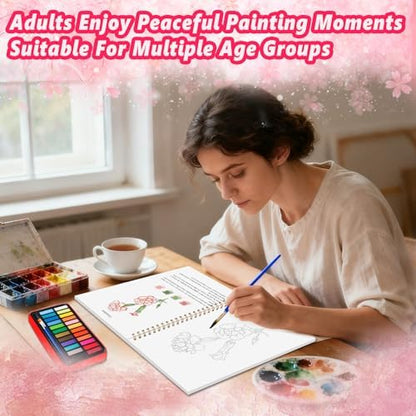 Watercolor Workbook - Coloring Book Beginner Friendly Painting Kit, Watercolor Workbooks for Adults with 24 Colors Paint, Exploration Gift for Adults Teens (Flowers) - Image 6