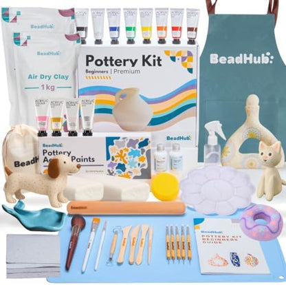 Pottery Kit for Beginners, 4.4LBS Air Dry Clay for Adults with Sculpting Tools, Paint, Glaze, 2kg Air-Dry Modeling Clay | Molding, Sculpt & Painting Set, Hobby Date Night DIY Art Craft Kits (White) by BeadHub