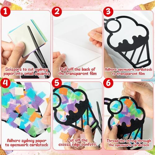 CJiangpo 24 Sets Summer Ice Cream Suncatcher Paper Craft Kits, DIY Stained Glass Effect Window Ornament Rainbow Tissue Paper Art Craft for Kids Classroom Activities Supplies Summer Party Decor Favor - Image 3