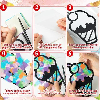 CJiangpo 24 Sets Summer Ice Cream Suncatcher Paper Craft Kits, DIY Stained Glass Effect Window Ornament Rainbow Tissue Paper Art Craft for Kids Classroom Activities Supplies Summer Party Decor Favor - Image 3