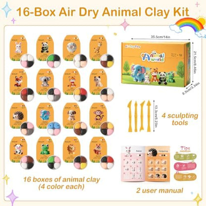 Air Dry Clay Kit, 16 Animals Modeling Magic Clay Air Dry Clay for Kids, Soft & Non-Sticky Molding Clay Kits with Tools Instruction for Home Art Party Favors Gifts - Image 3