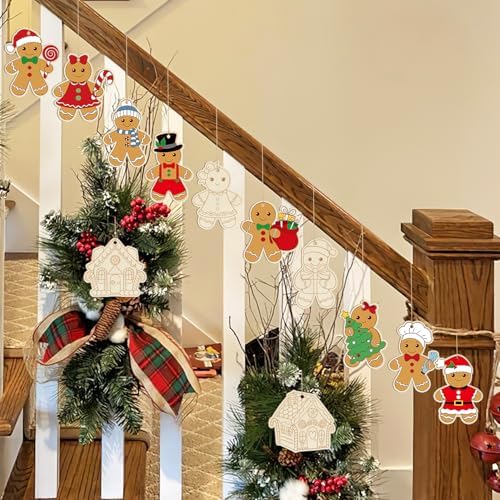 80PCS Wooden Christmas Ornaments to Paint, 8 Styles DIY Blank Unfinished Wood Gingerbread Man Cutouts Ornament for Crafts Winter Hanging Decorations - Image 4