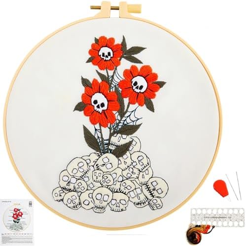Crafmanoe Halloween Embroidery Starter Kit for Beginners Adults, Skull Flowers Stamped Cross Stitch Kits for Beginners Adults, Gothic Hand Embroidery Needlepoint Kits, Hoops, Fabric and Video Tutorial by Unknown